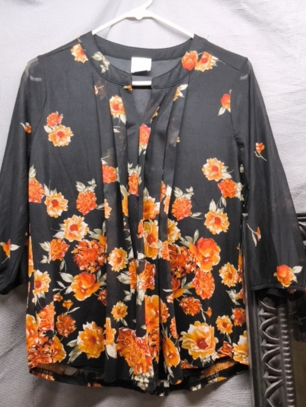 Black Orange Floral Blouse Pleated VNeck 3/4  SheerSleeve Fall, PL Dark Romantic
